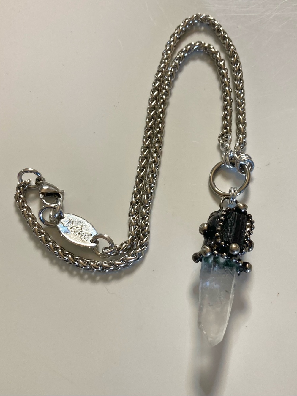 Genuine clear crystal quartz & black tourmaline on wheat chain choker necklace - Picture 9 of 12
